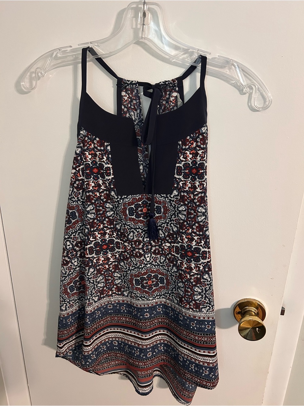 Athleta Navy and Rust Printed Tassel Summer Dress